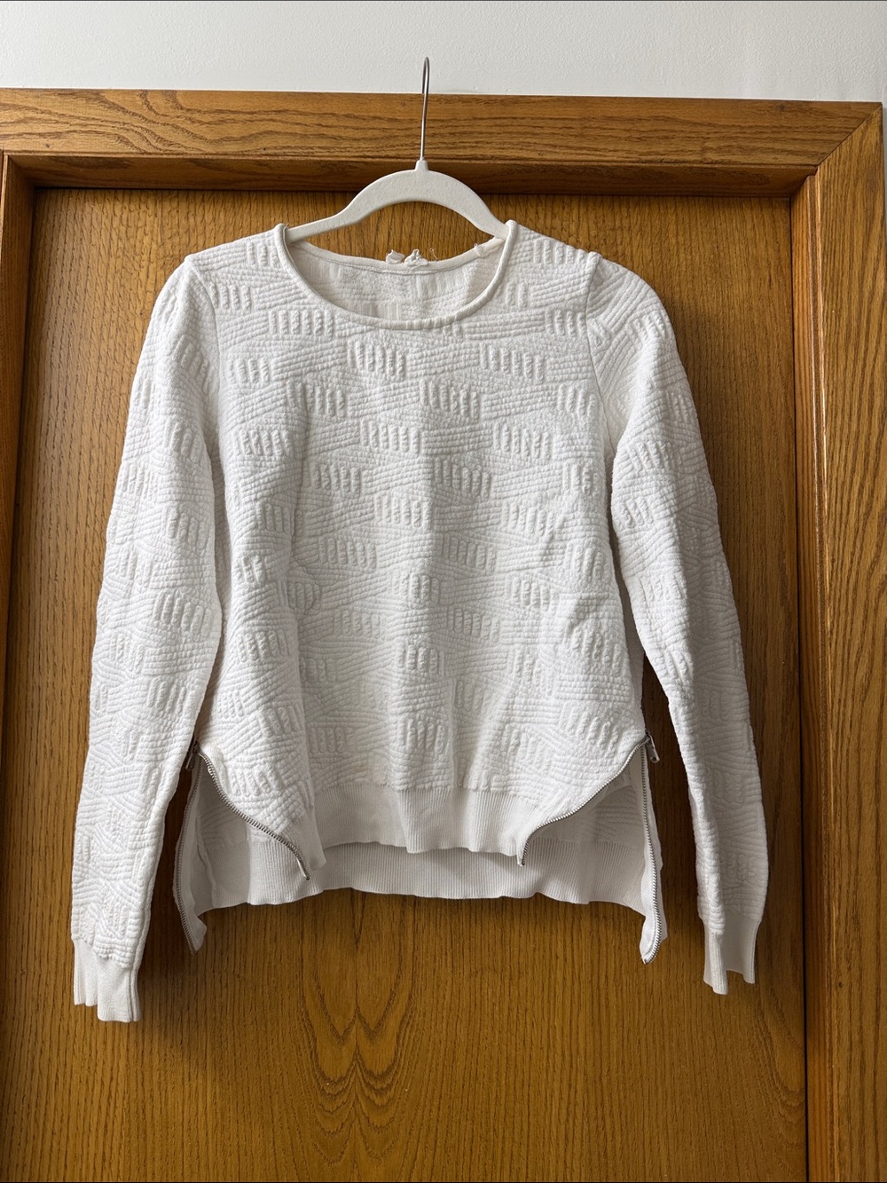 Moth White Textured Crewneck Sweater with Side Zips